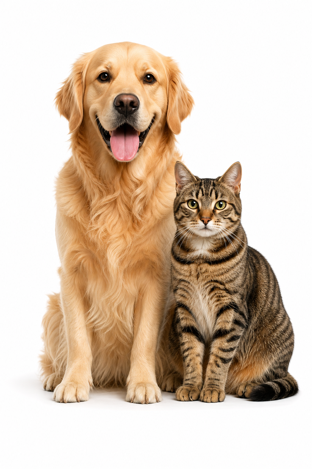 Golden retriever e gato tigrado sentados lado a lado